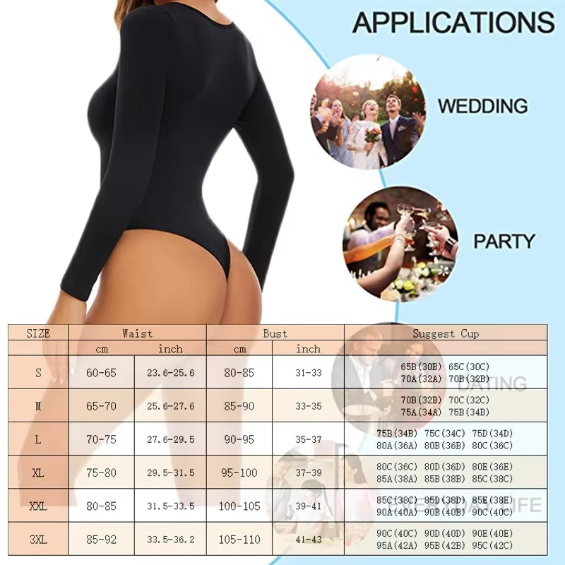 GUUDIA Open Crotch Big U Neck Seamless Bodysuit Long Sleeve Spandex Elastic Body Suit Shapewear Tummy Control Waist Shapers