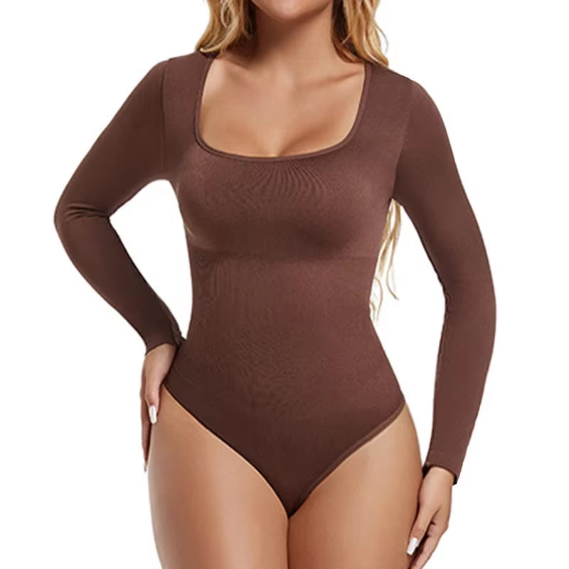 GUUDIA Open Crotch Big U Neck Seamless Bodysuit Long Sleeve Spandex Elastic Body Suit Shapewear Tummy Control Waist Shapers