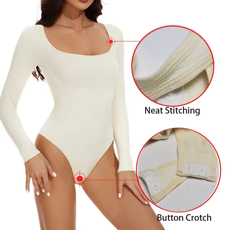 GUUDIA Open Crotch Big U Neck Seamless Bodysuit Long Sleeve Spandex Elastic Body Suit Shapewear Tummy Control Waist Shapers