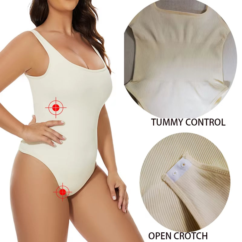 Ribbed Tummy Control Bodysuits Open Crotch Shapewear Suits Open Crotch