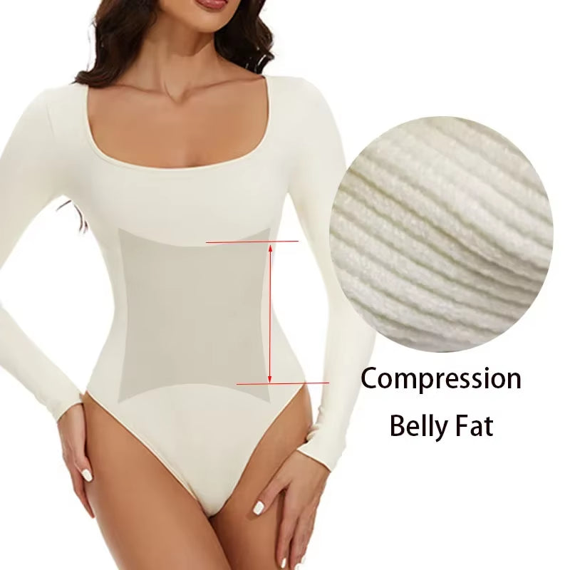 GUUDIA Open Crotch Big U Neck Seamless Bodysuit Long Sleeve Spandex Elastic Body Suit Shapewear Tummy Control Waist Shapers